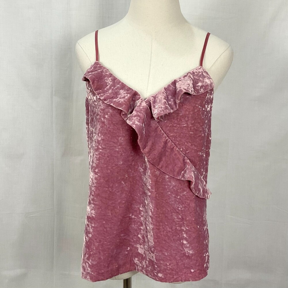 J. CREW Velour Tank Top Pink Mauve Velvet Ruffled Trim Spaghetti Strap Sz XS New